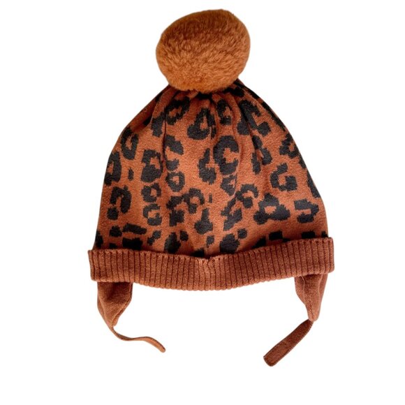 Gap Baby Brown Leopard Print Beanie Hat Warm Winter with Ear Flaps & Ties 12-18M - Picture 2 of 4